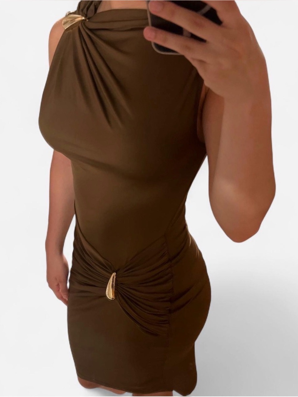 Elegant Brown Asymmetric Mini Dress with Gold Accents